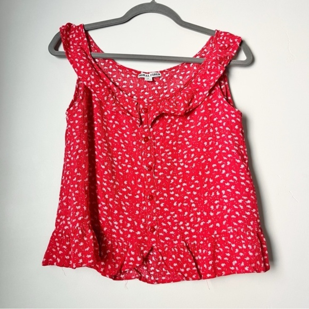 Vintage Moral fiber red and white floral gauze ruffle hem and trim cropped top